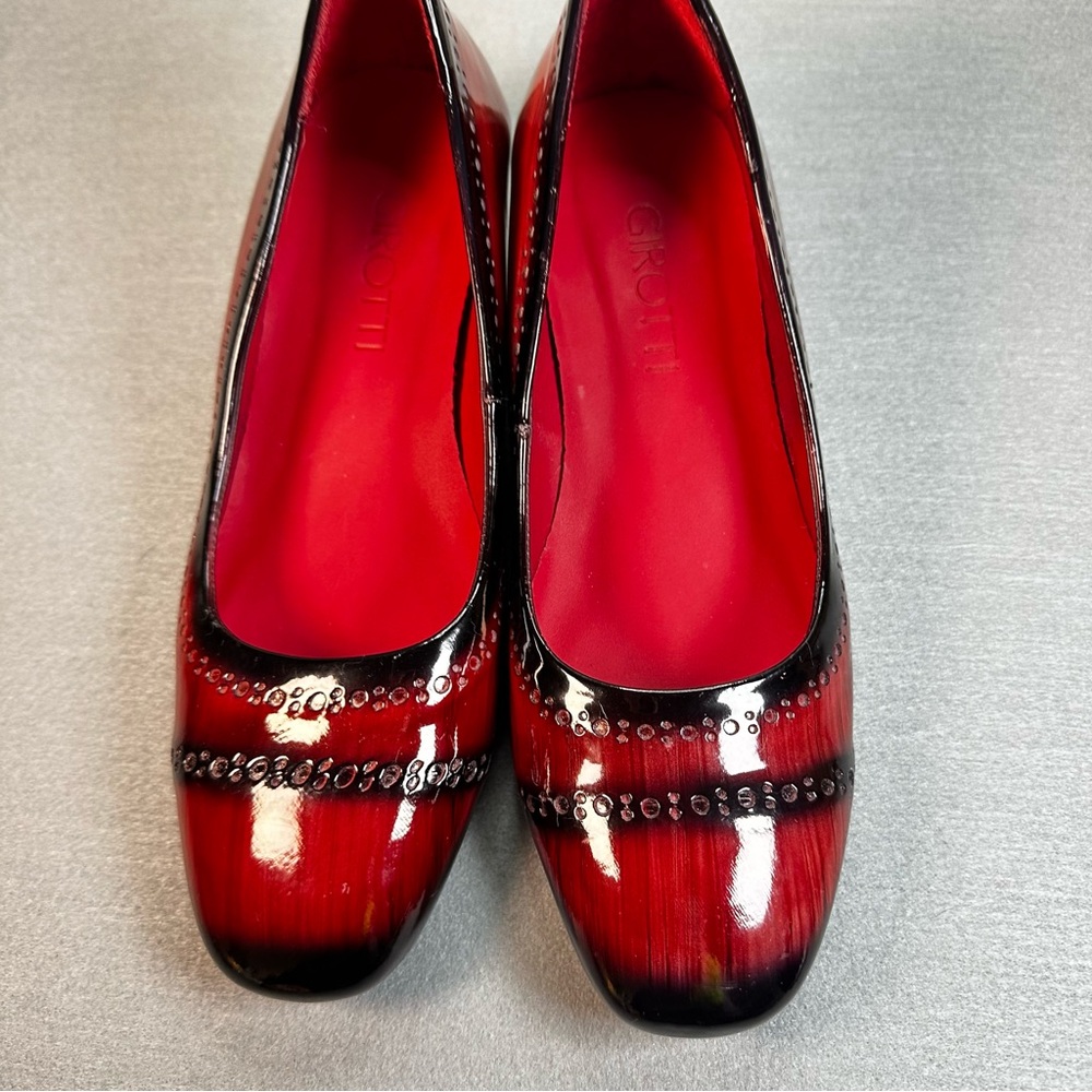 Girotti Red and Black Patent Leather Block Heel Brogue Pumps Size EU 39 US 8.5 - Picture 2 of 9
